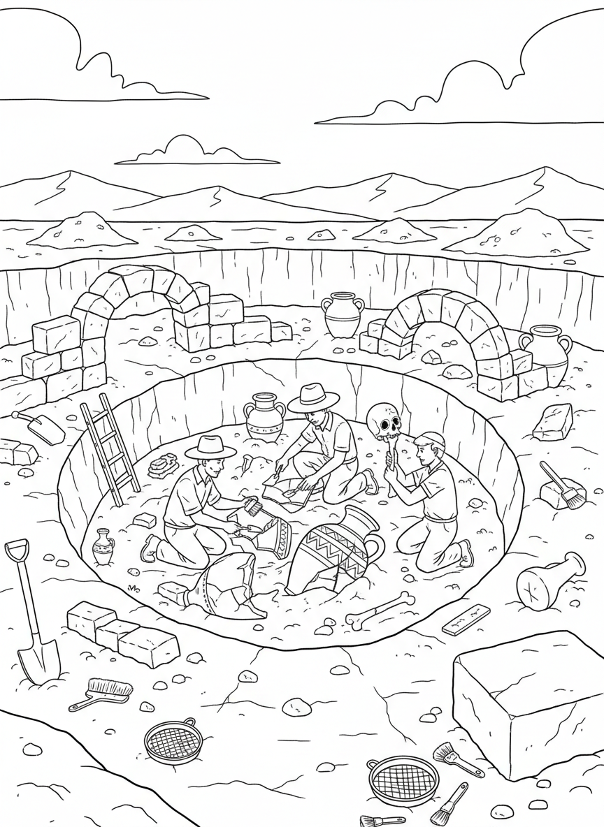 An archaeological excavation site where explorers carefully uncover artifacts, pottery, and ancient ruins buried beneath the earth.