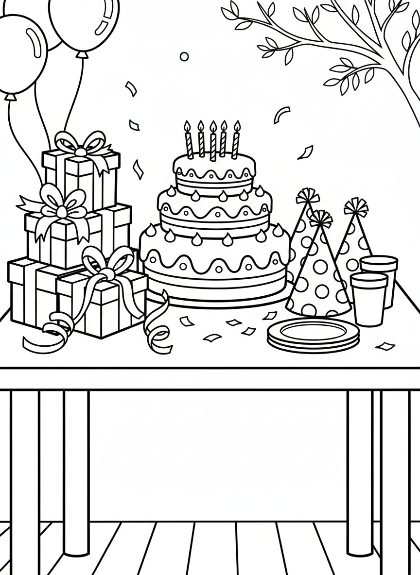 A birthday party table from above showing a cake, presents, party hats, and plates ready for celebration.