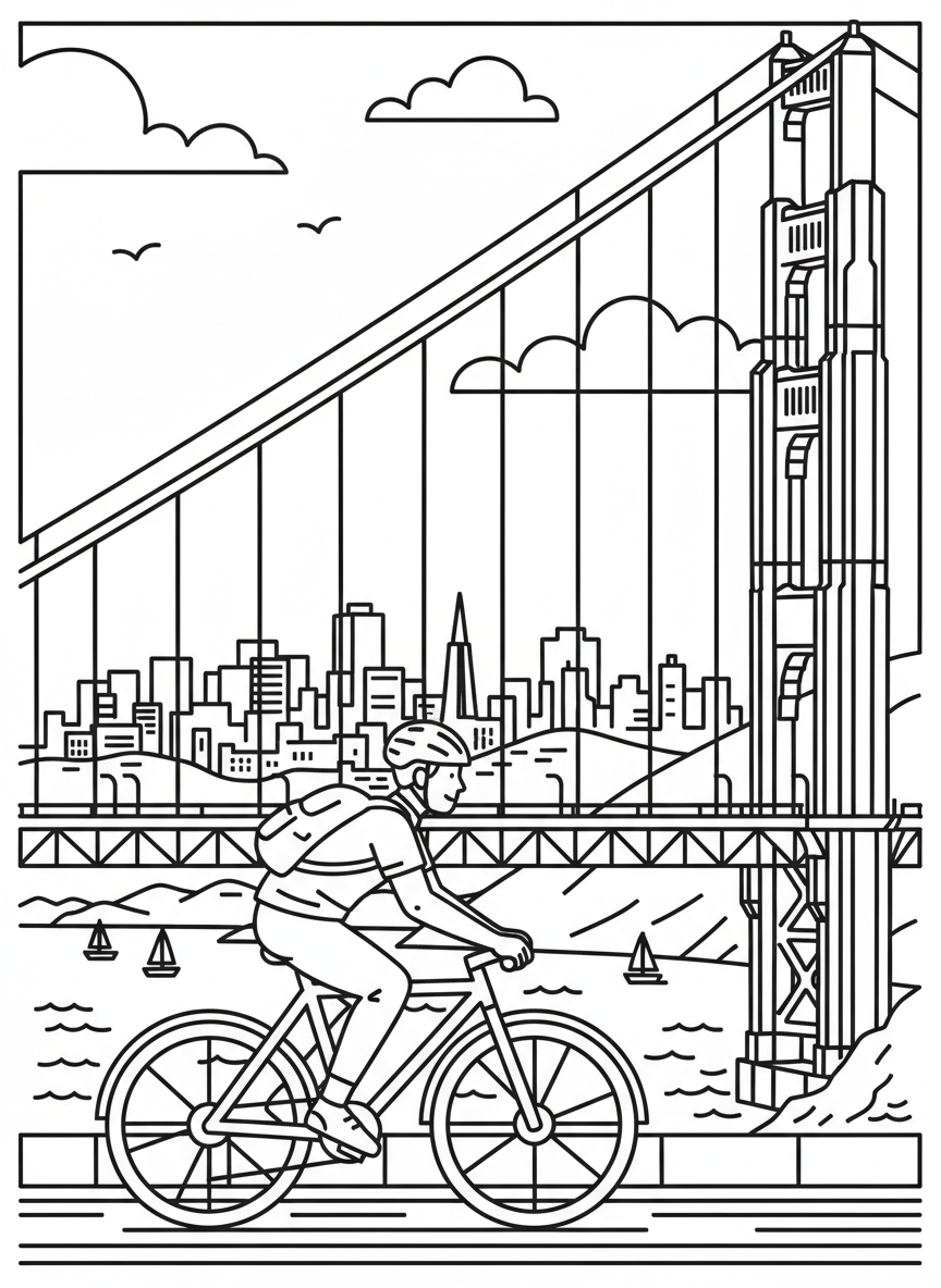 A bicycle riding across the Golden Gate Bridge with the city skyline in the background, active scene with clear outlines.