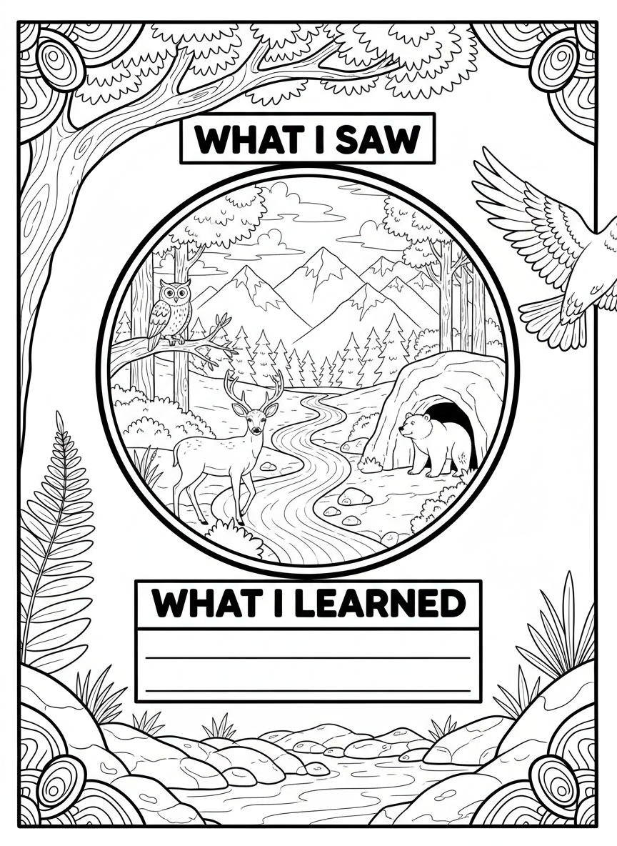 A nature diary page with decorative seashell corners, a large central drawing space, and prompts like 'What I saw' and 'What I learned'
