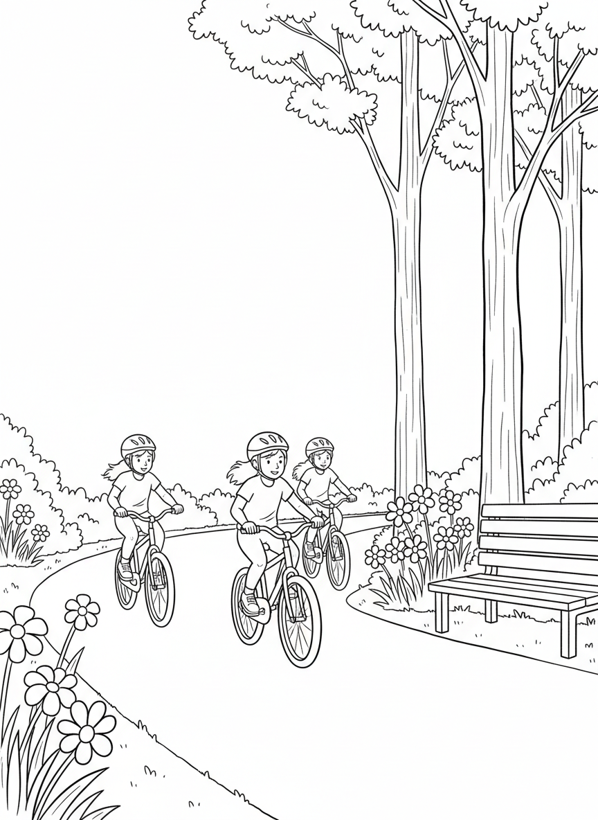 Kids riding bikes along the Olentangy Trail with trees, flowers, and a park bench beside the path