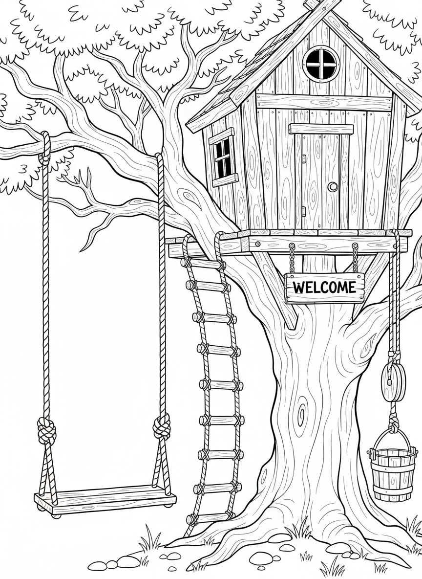 A treehouse with a knotted rope swing, a pulley system with a bucket, and a welcome sign hanging on the door.