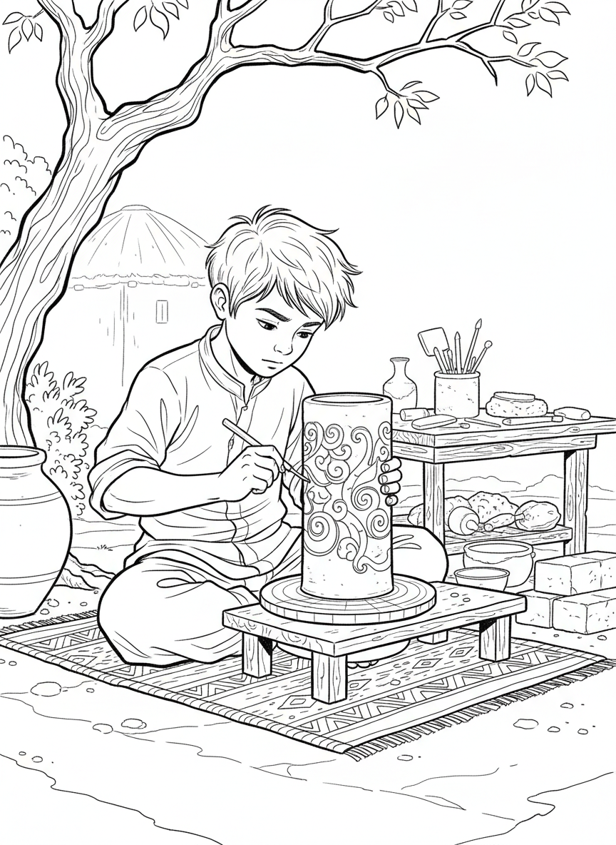 A young boy carefully carving designs into the side of a leather-hard clay cylinder using a wooden tool.