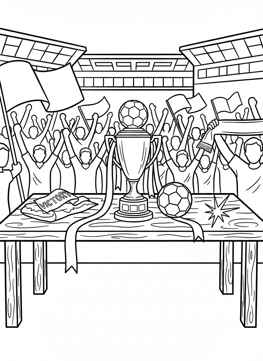 A football trophy on a table with ribbons and a football beside it, celebrating a championship victory.