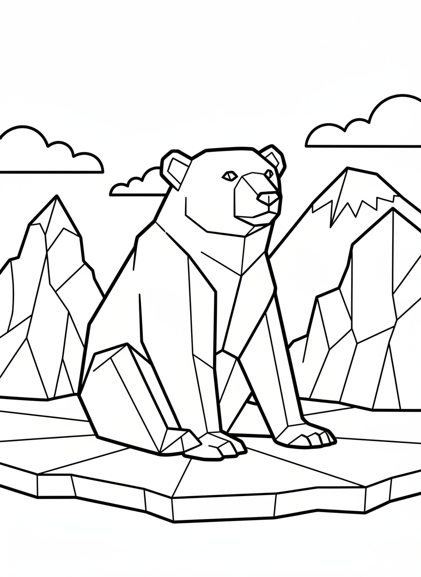 A simple origami polar bear sitting upright with geometric folded paper angles, clean lines showing paper creases and triangular shapes, perfect for young children to color