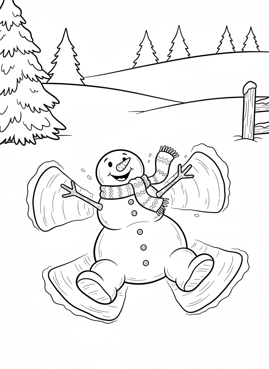 A snowman making snow angels by lying in the snow with arms and legs spread wide, creating wing patterns in the fresh powder.