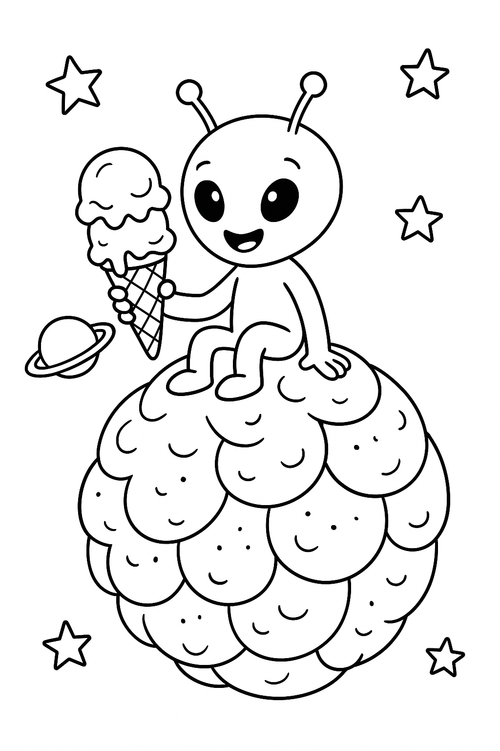 Ice Cream Planet: An alien sitting on a planet that looks entirely made of scoops of ice cream, eating a giant cone.