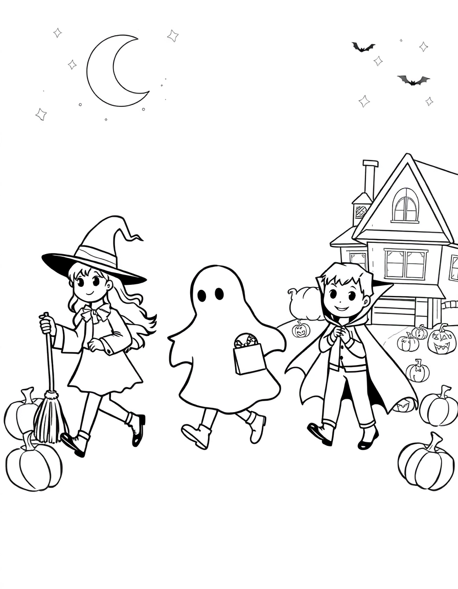 Three kids in costumes—a witch with a broom, a ghost with a candy bag, and a tiny vampire with a cape—walk under a starry night sky. Add pumpkins along the path and a house glowing with Halloween lights.