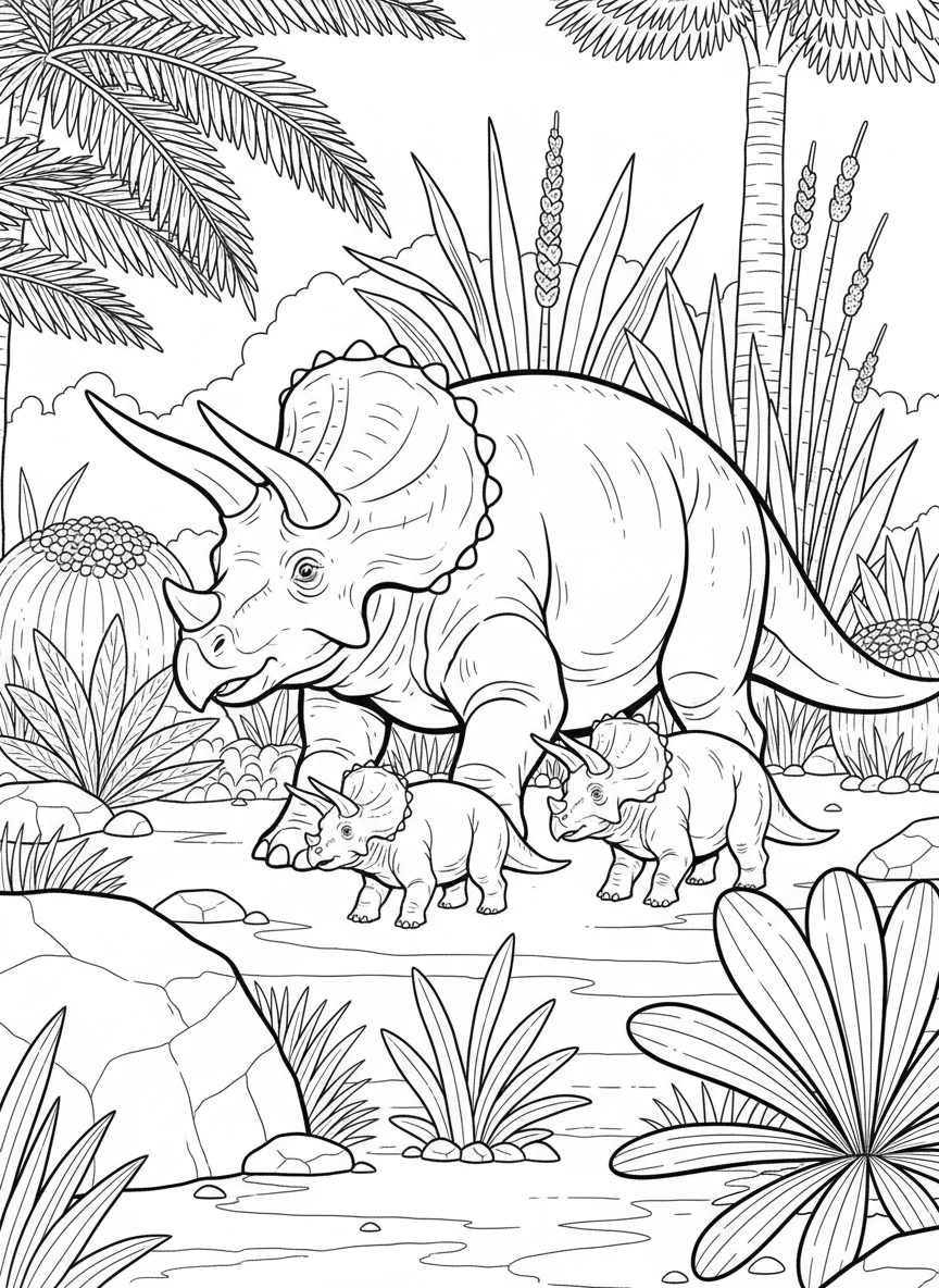 A Triceratops family with one adult and two babies walking together through a meadow filled with prehistoric plants.