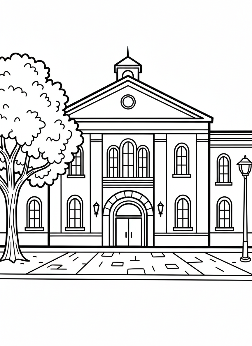 The Ryman Auditorium building facade with arched windows and a welcoming entrance, simple architectural details for coloring.