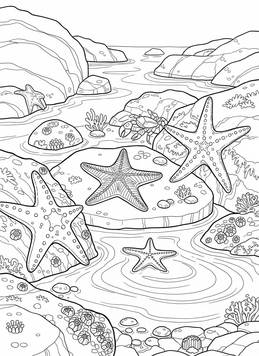 Multiple starfish in different positions—some on rocks, one climbing, one in shallow water—creating a busy tide pool scene.