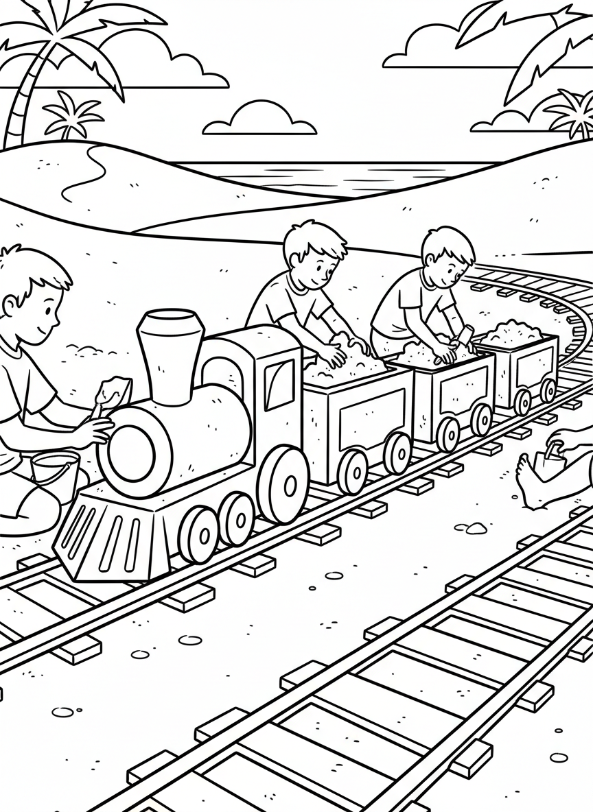 Children building a sand train with an engine, cars, and tracks leading across the beach toward the ocean.