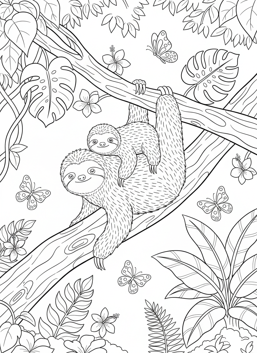 A baby sloth clinging to its mother's back, both hanging from a branch with tropical plants and butterflies nearby.
