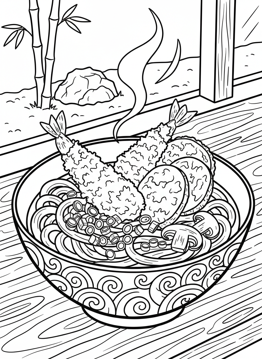 A cheerful udon noodle bowl with thick noodles, tempura on top, and garnishes, shown from an angled view