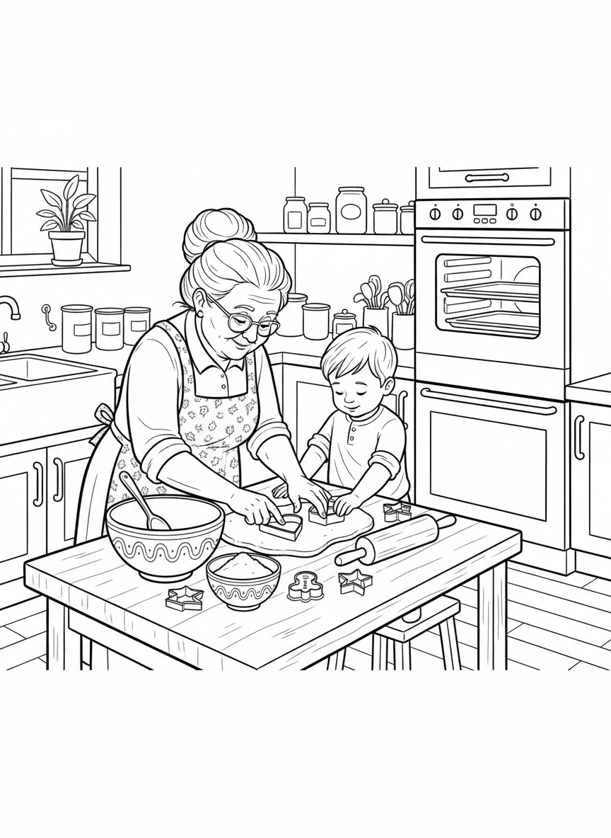 A grandmother teaching a young child how to bake cookies in the kitchen, with mixing bowls, cookie cutters, and an oven visible.
