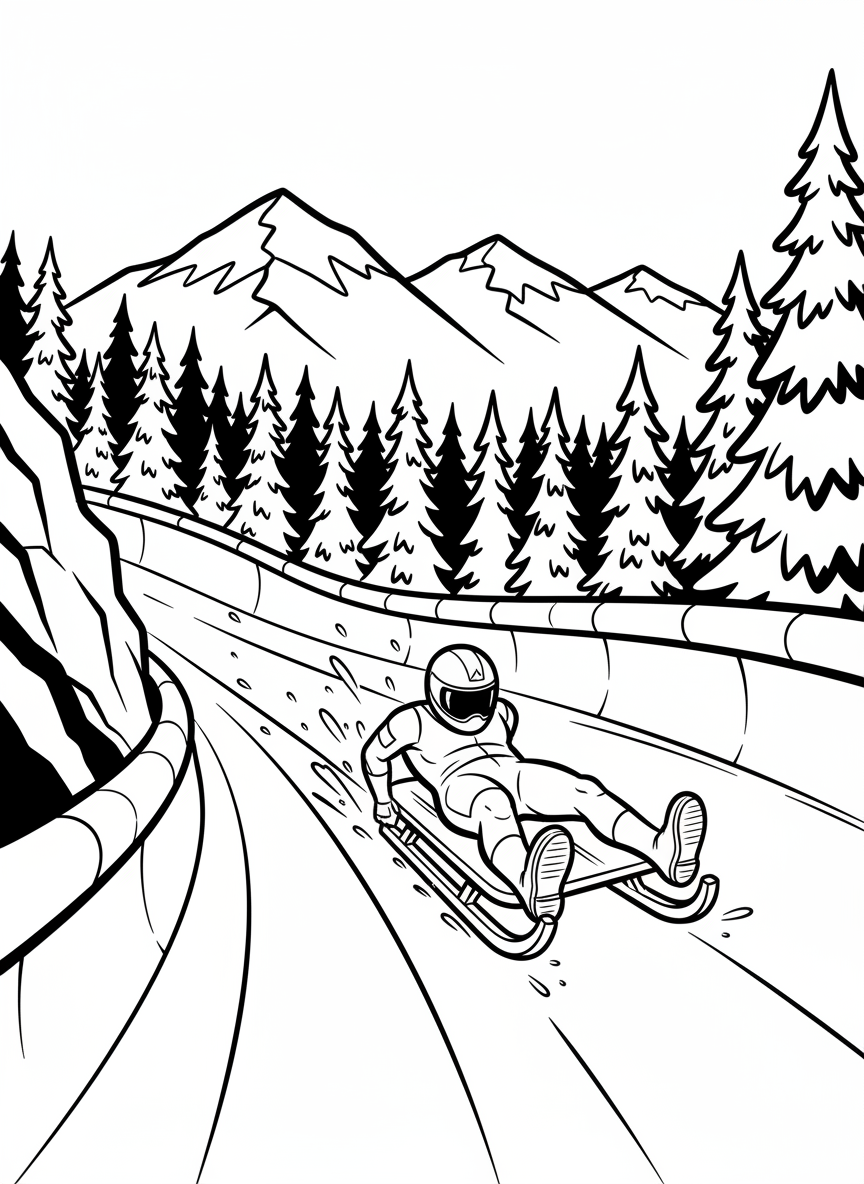A luge athlete lying on their back on a small sled, speeding down an icy track with protective helmet and suit.
