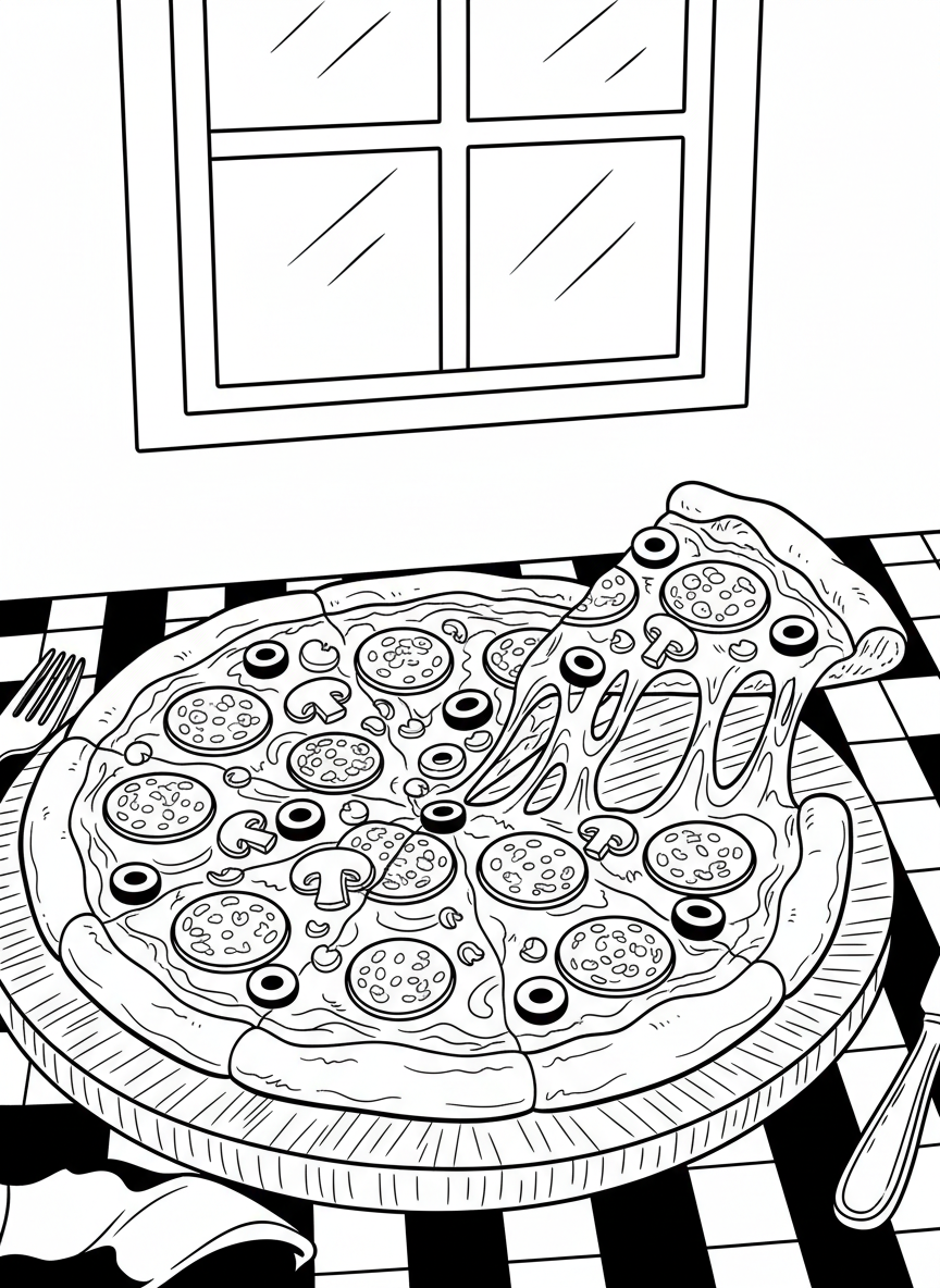 A whole pizza with various toppings like pepperoni, mushrooms, and olives, showing one slice being pulled away with stretchy cheese.