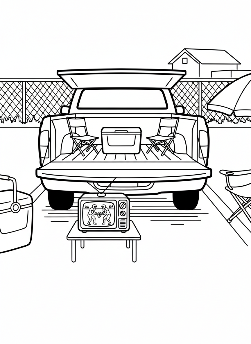 A parking lot tailgate with a truck bed open, cooler, folding chairs, and a small portable TV showing the game.