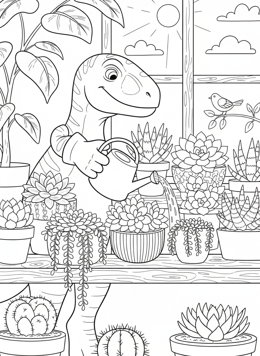 A friendly Velociraptor watering potted succulents on a shelf, wearing gardening gloves, charming domestic scene