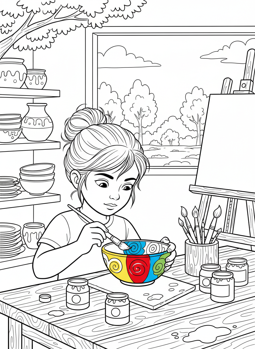 A young girl painting colorful patterns on a finished ceramic bowl, with paintbrushes and paint jars around her workspace.