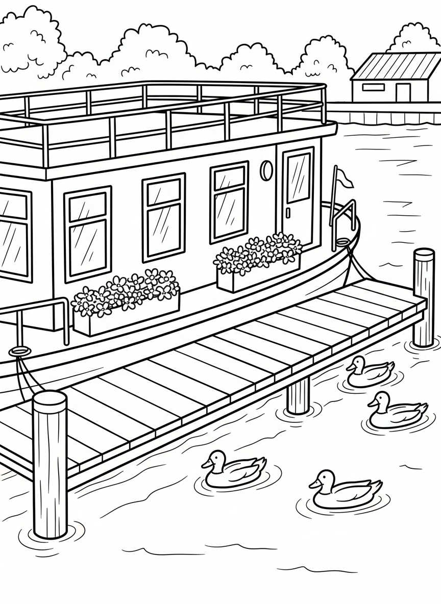 A houseboat with windows, a roof deck, and flower boxes, moored at a dock with ducks swimming around it.