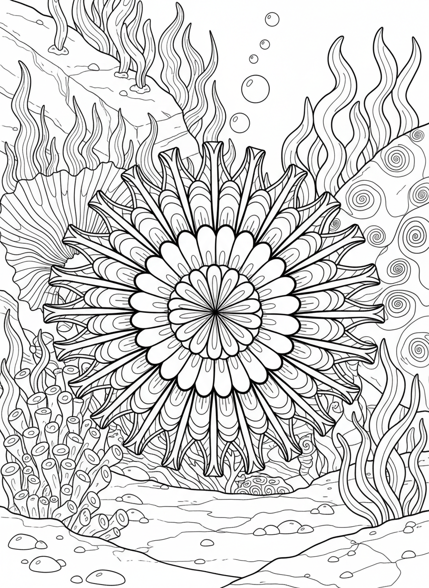 Symmetrical sea anemone with tentacles arranged in a perfect circle, mandala-like design for meditative coloring