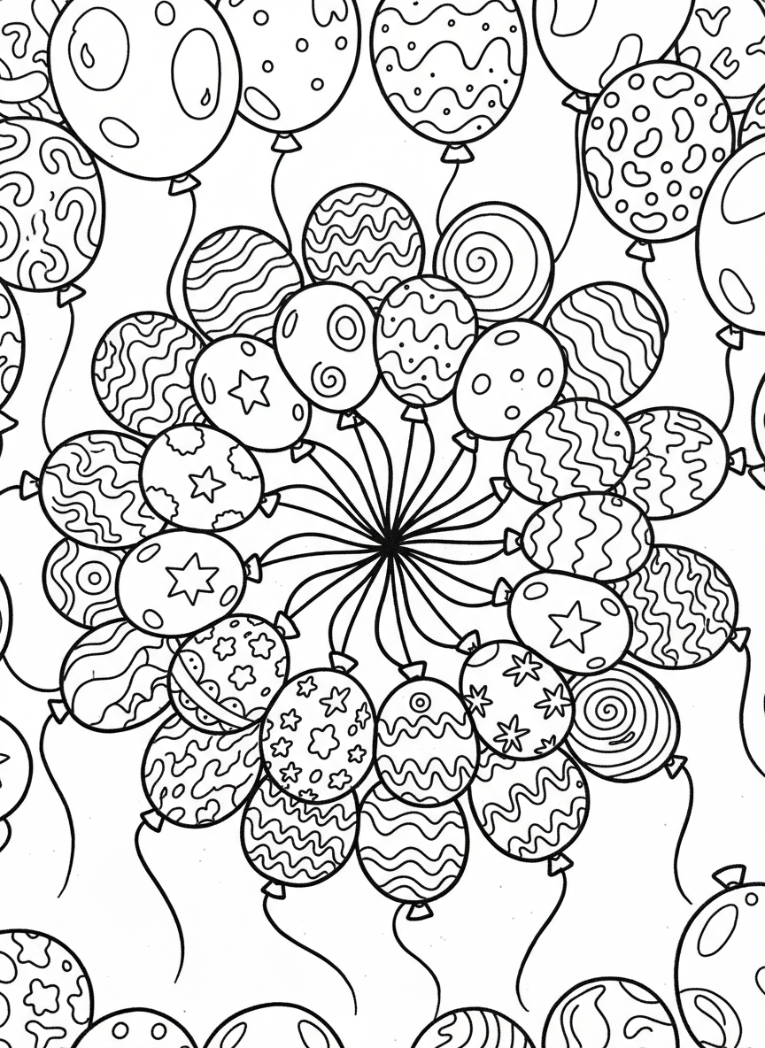 A child-friendly mandala made of large balloon shapes floating in a circle, with simple string lines