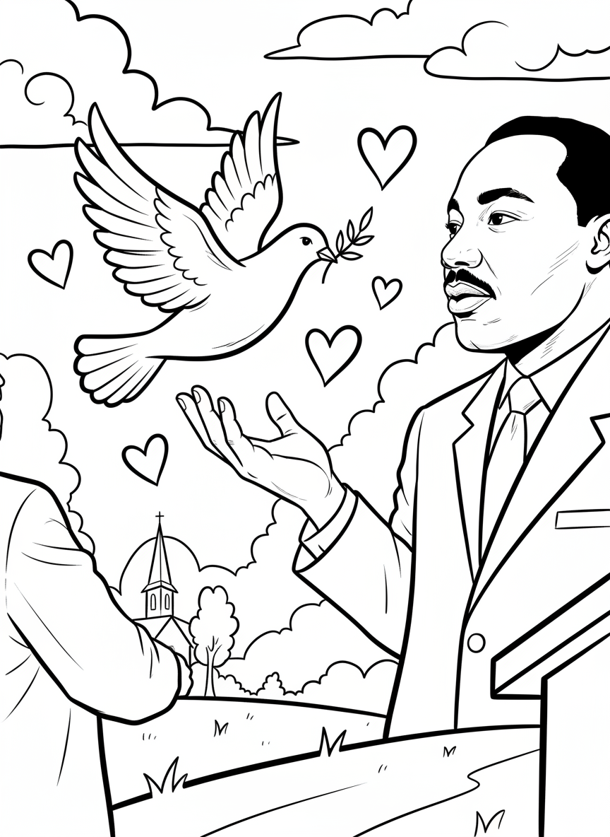 Dove of peace flying above Martin Luther King Jr.'s outstretched hand, with olive branch and hearts floating around