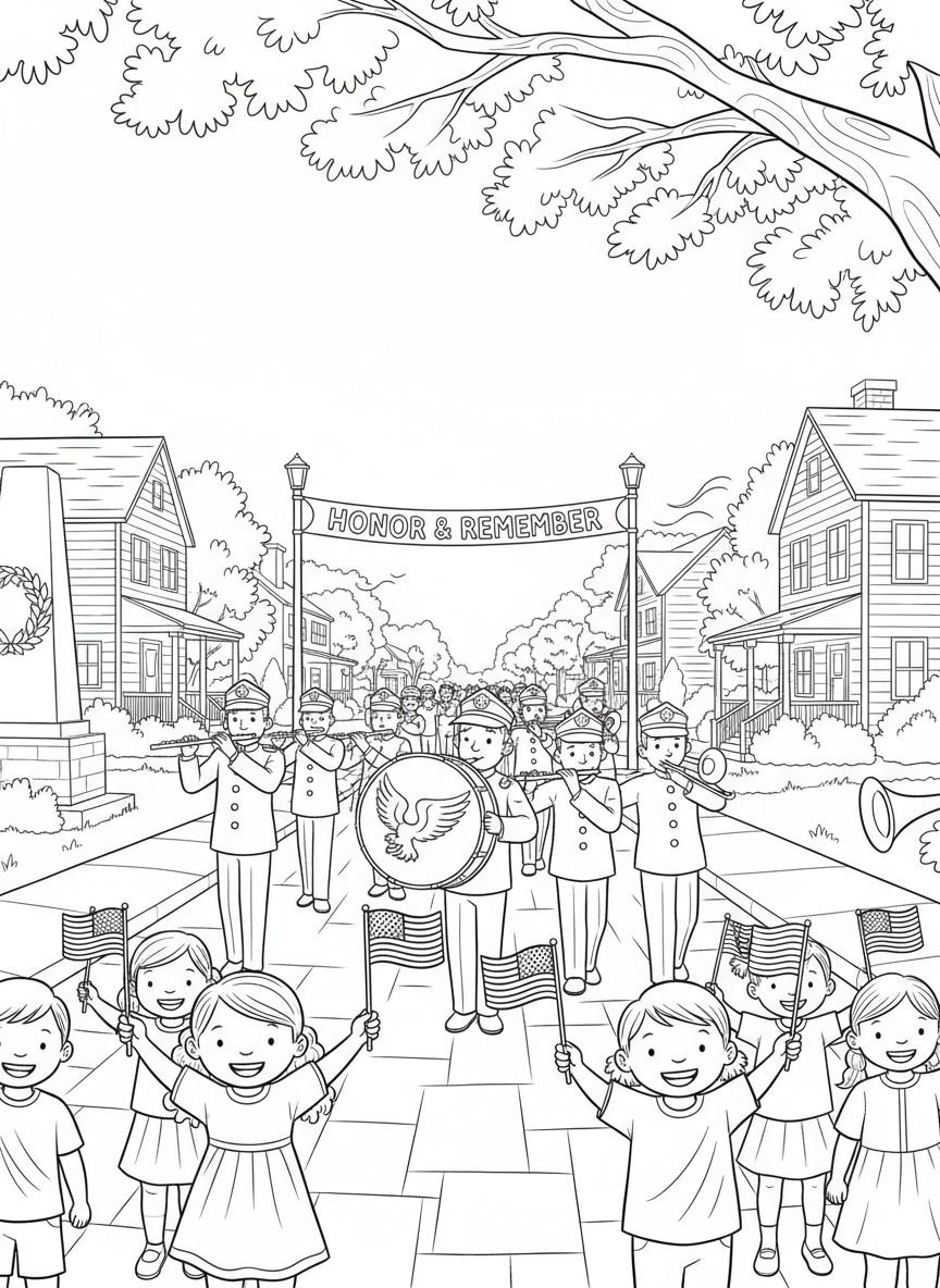 Memorial Day coloring page prompts honoring remembrance, reflection, community gatherings.	A Memorial Day parade moving slowly down a residential street, children holding small flags while marching bands play in a respectful, measured rhythm.