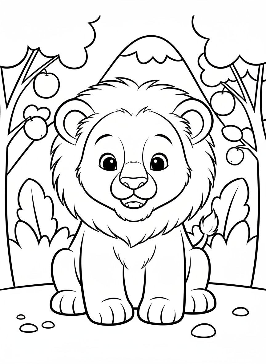 A gentle lion cub with a fluffy mane sitting down, friendly smile and round features, Pottery Barn Kids aesthetic with minimal details