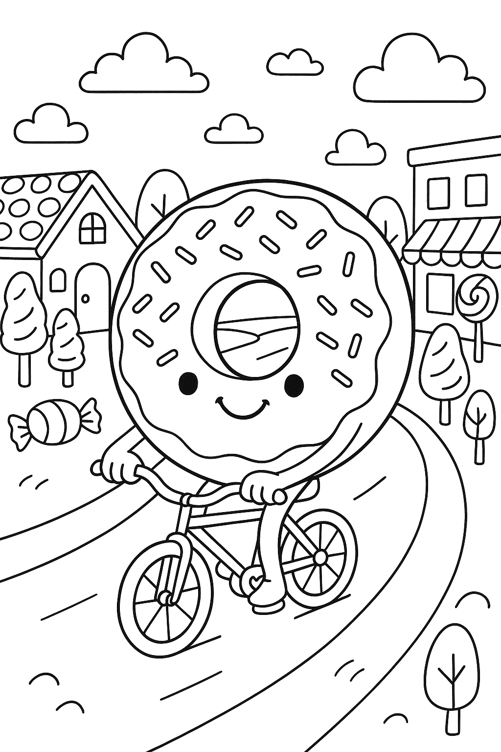 A giant smiling donut riding a tiny bicycle down a candy-coated street.