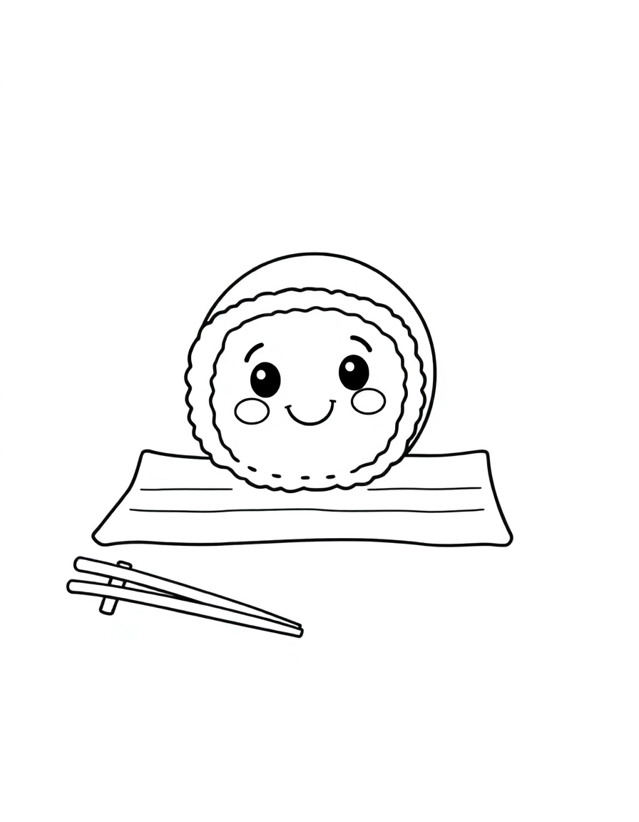 A happy piece of sushi with a cute face, sitting on a sushi mat with chopsticks nearby.