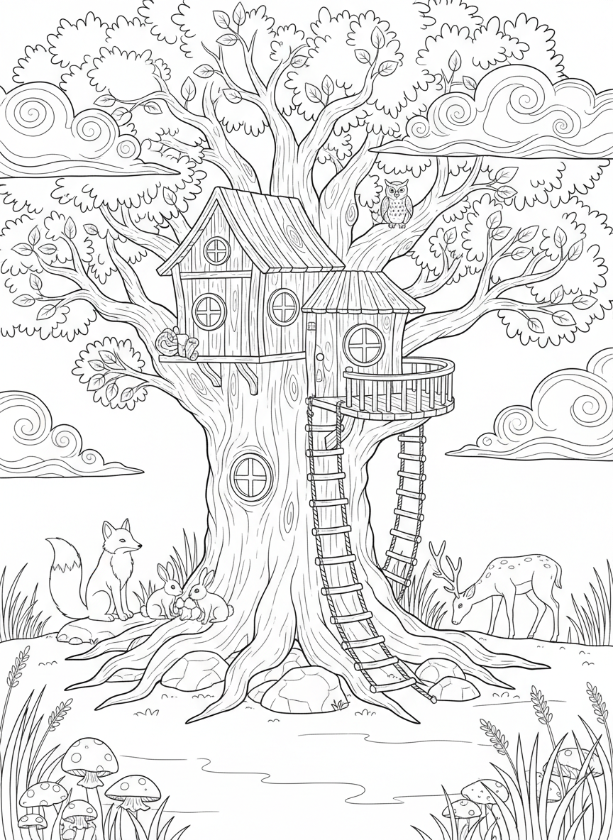 A magical tree house in an ancient oak with rope ladders, windows, a small balcony, and forest animals gathered below.