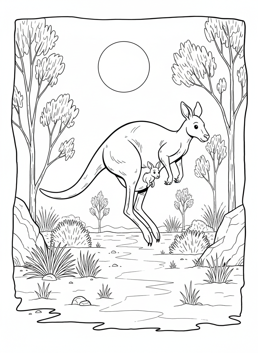 A kangaroo mid-hop across the Australian outback with a joey peeking out from its pouch, desert plants in the background.