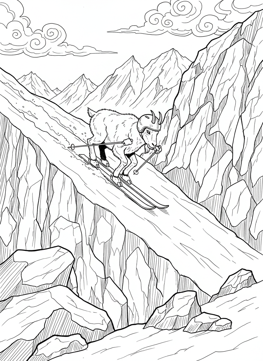 A brave mountain goat skiing down a steep slope between rocky cliffs, wearing a tiny helmet, adventurous composition.