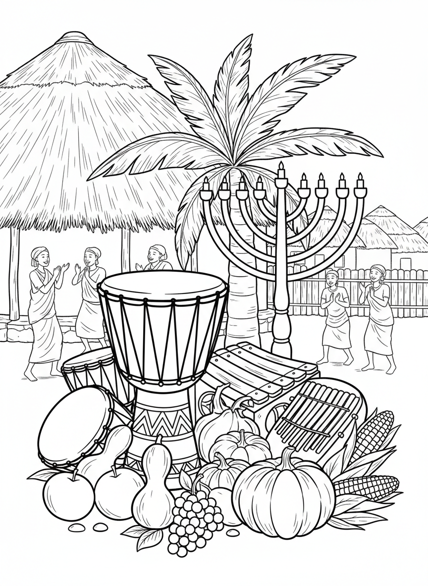 African drums and musical instruments arranged with harvest fruits and the Kinara, celebrating culture and community through music.