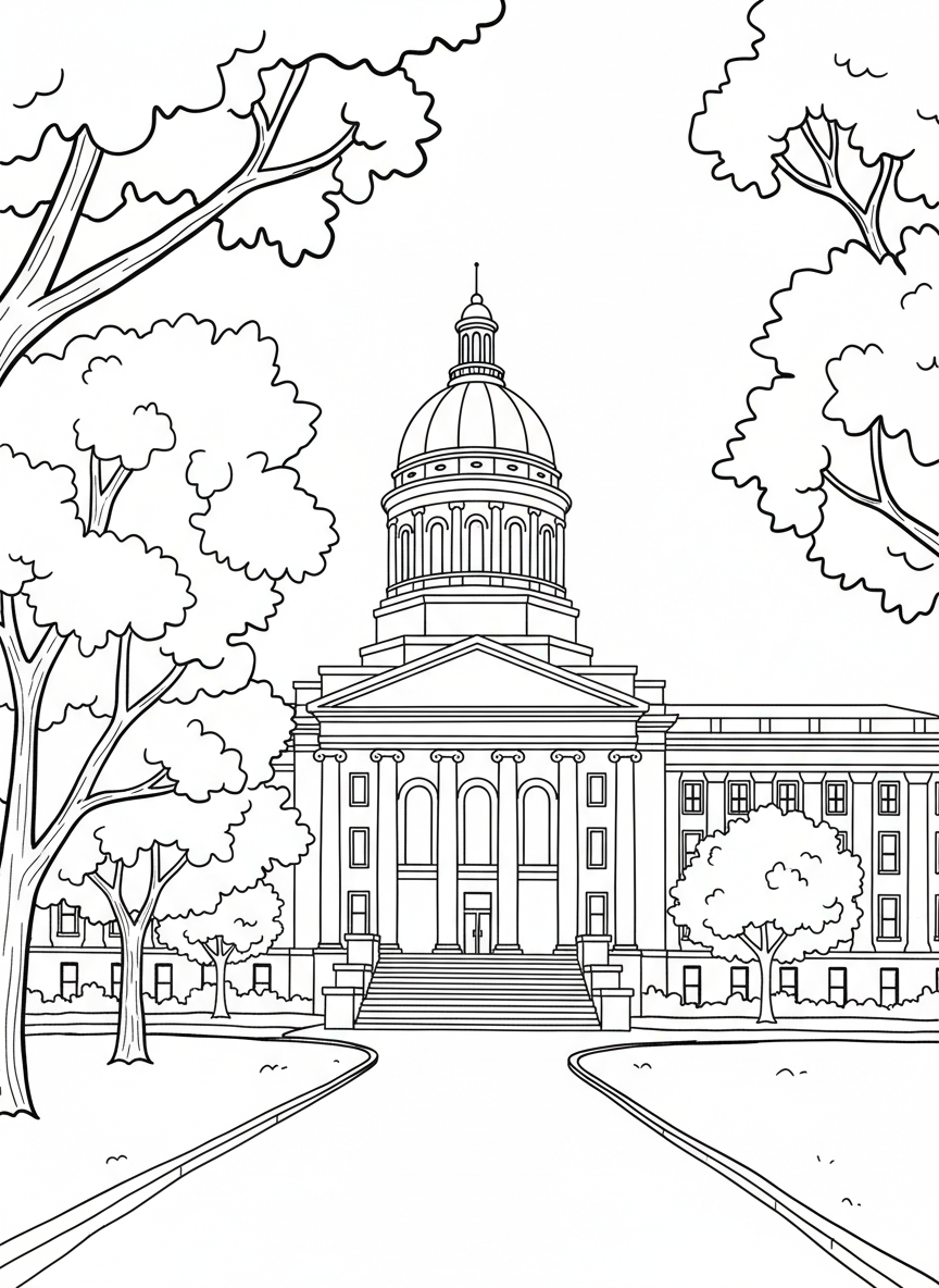 The Ohio Statehouse building with its distinctive dome, columns, and front steps, surrounded by trees and a pathway, clear architectural details