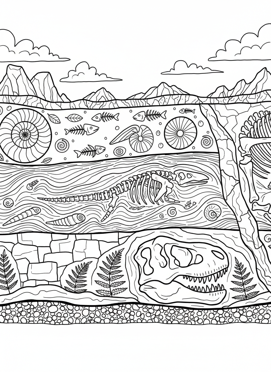 A cross-section view of sedimentary rock layers showing various fossils trapped at different depths