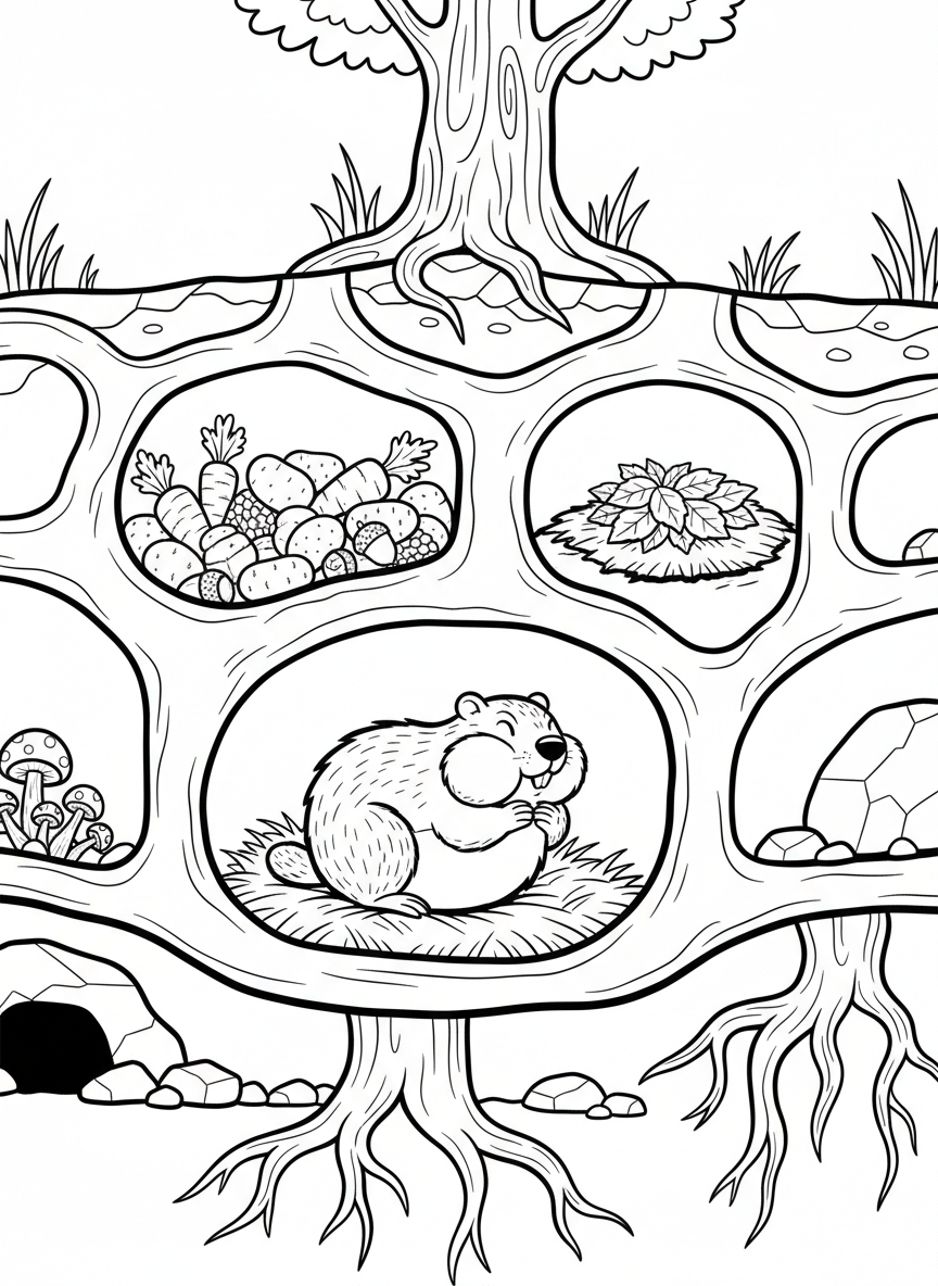 A cozy underground burrow cross-section showing a groundhog in his home with tunnels, food storage, and a bed