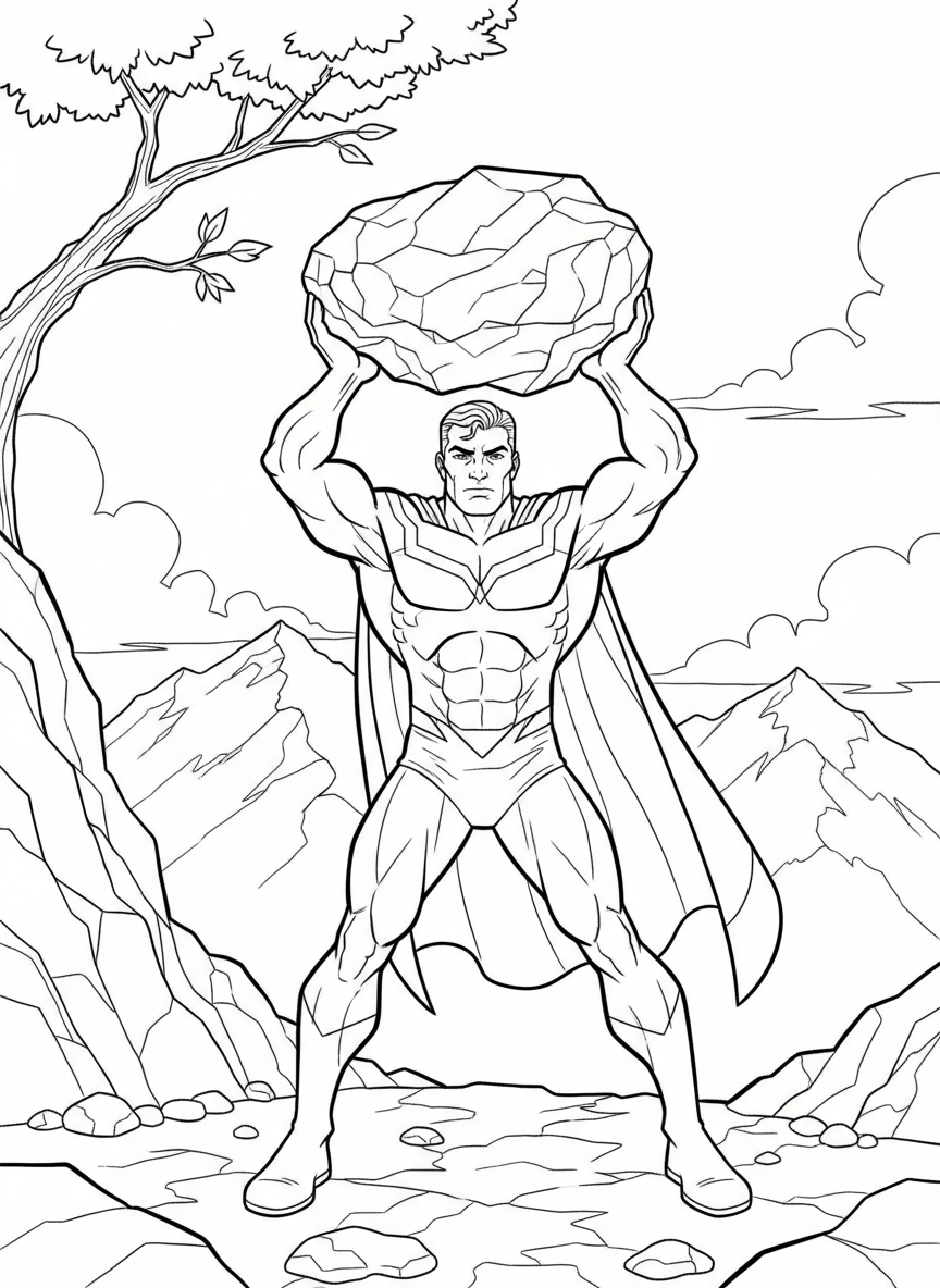 A strong superhero lifting a giant boulder over their head, muscular pose, simple mountain landscape background