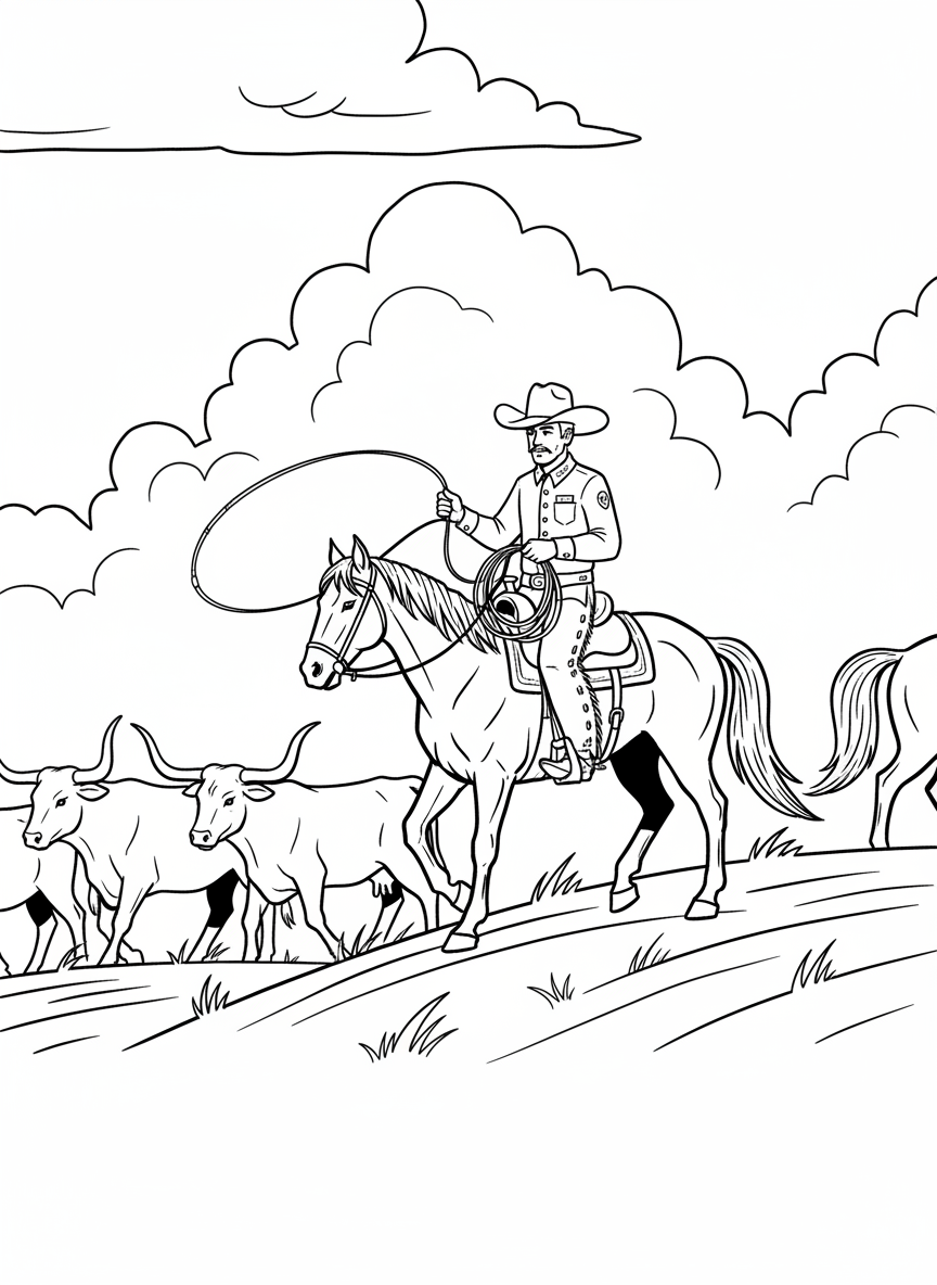 A cowboy on horseback herding a small group of cattle across a grassy hillside with clouds in the sky.
