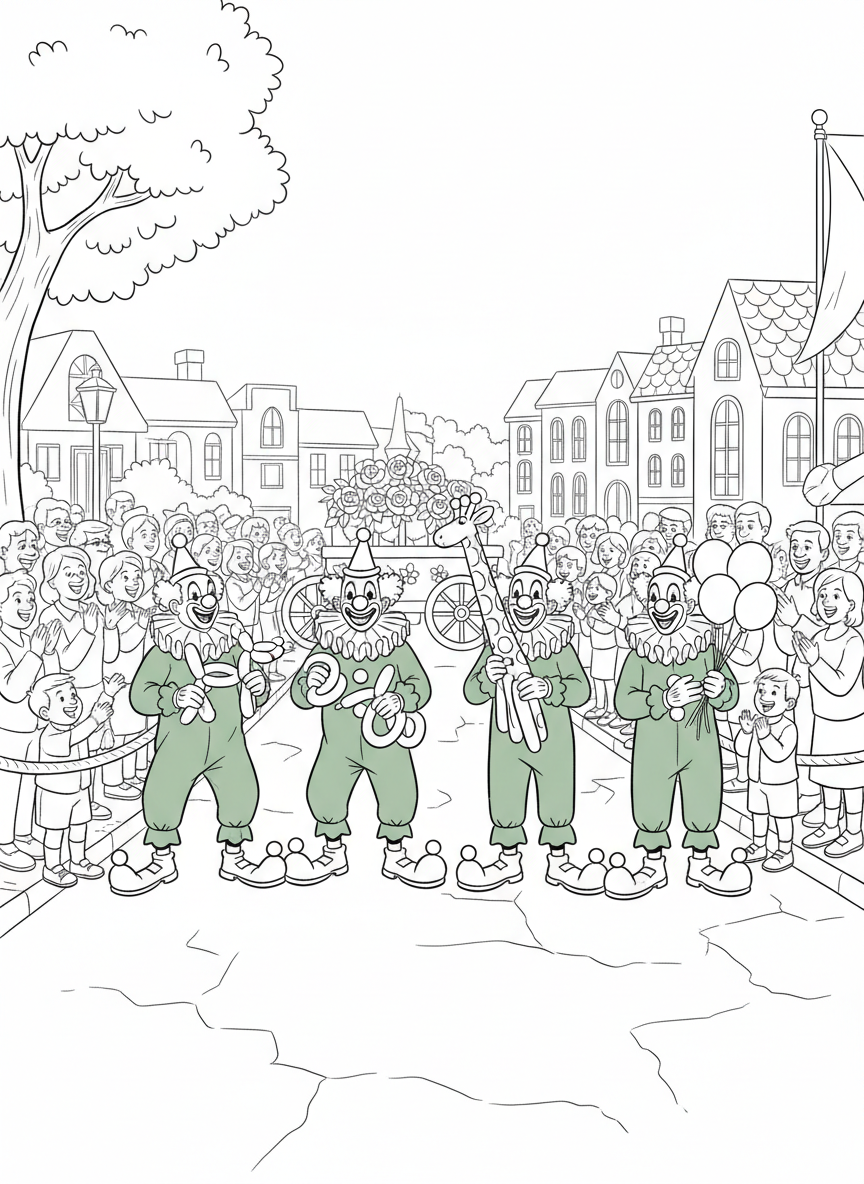 A group of clowns in green costumes making balloon animals and entertaining the crowd along the parade route.