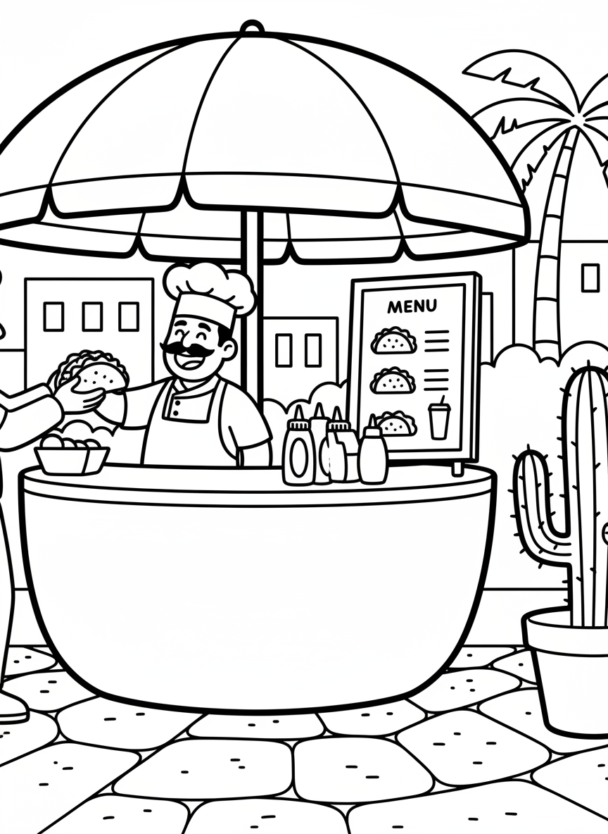 A taco cart with a large umbrella, showing a friendly vendor serving tacos, with condiment bottles and a menu board visible
