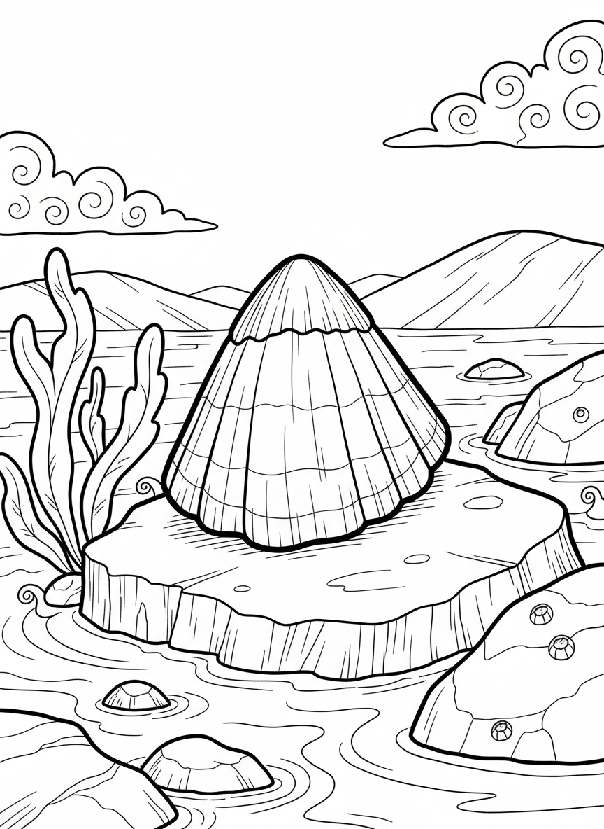 Simple scene of a single large limpet on a flat rock, perfect for young children to color