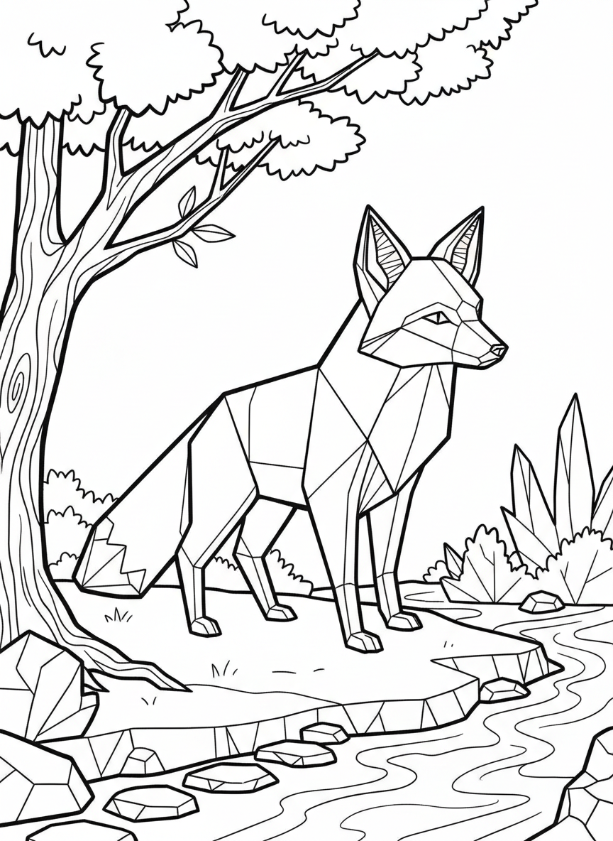 An origami fox with a pointed snout, large triangular ears, and a bushy geometric tail, standing alert with visible fold patterns.