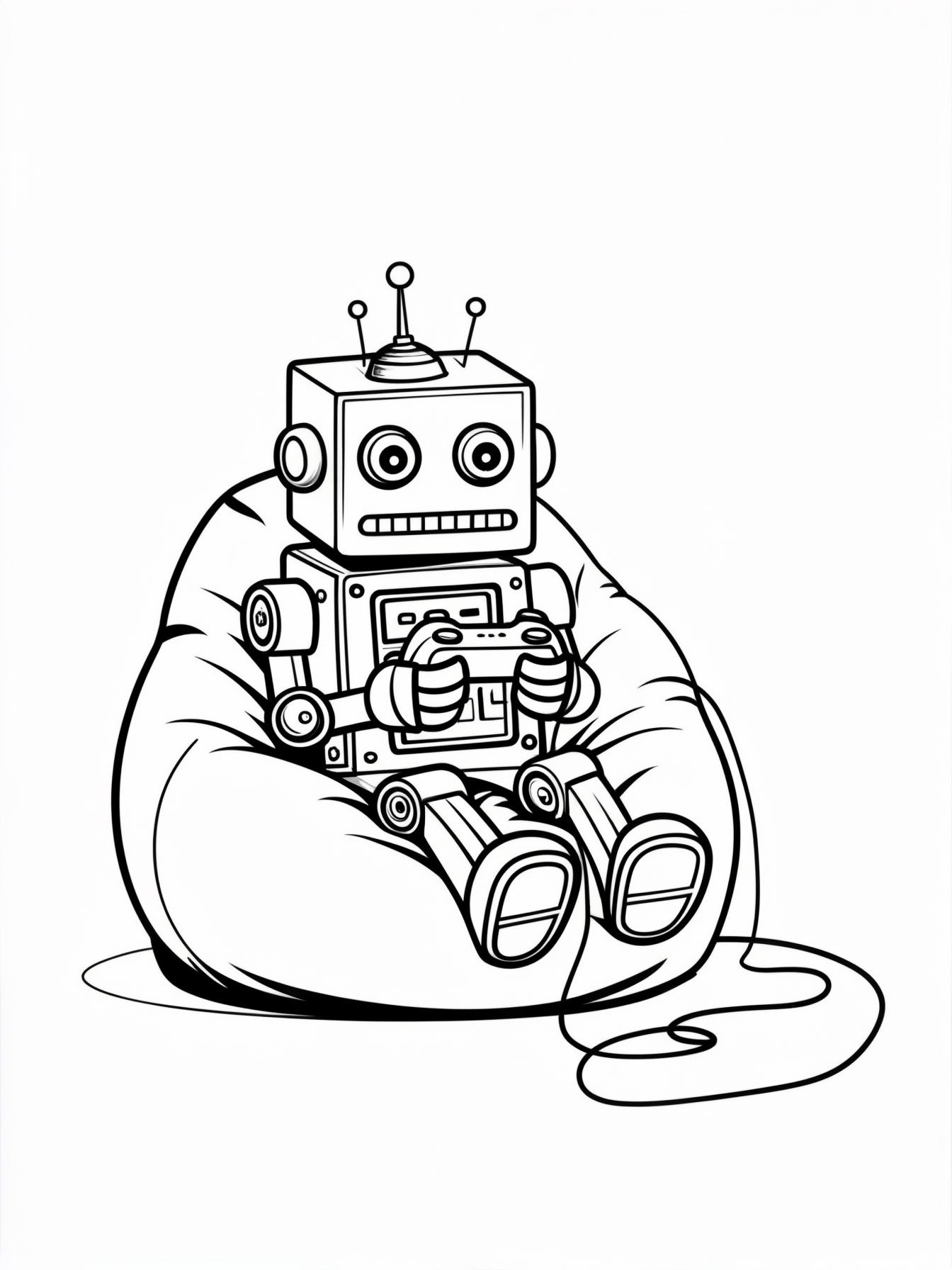 Robot Gamer: A cute, boxy robot sitting on a beanbag chair playing a video game, with a wire connecting to a console.