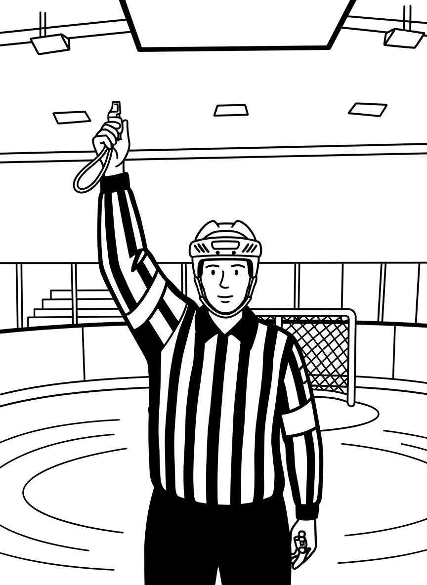 A hockey referee in striped shirt making a call with arm raised, whistle visible, standing on the ice.