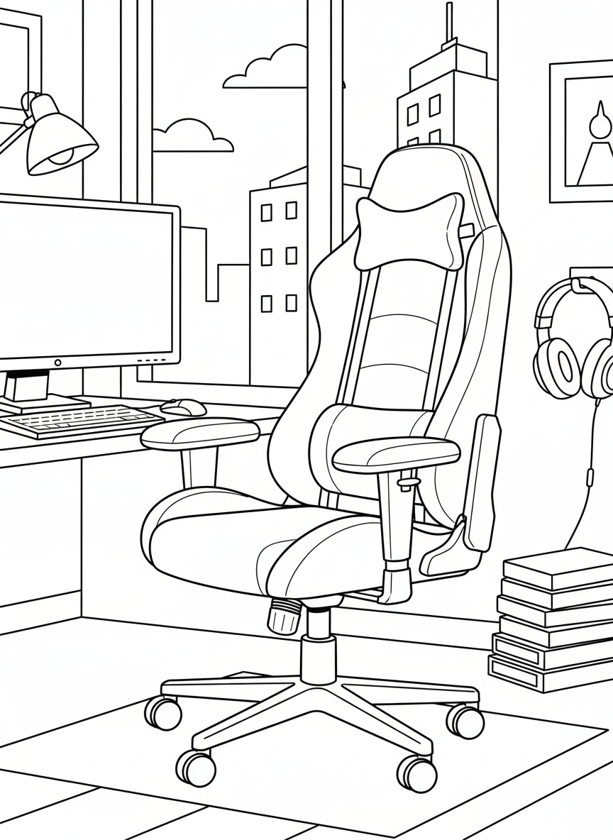 A gaming chair with armrests and wheels, shown from a three-quarter view with clean lines and simple details for easy coloring.