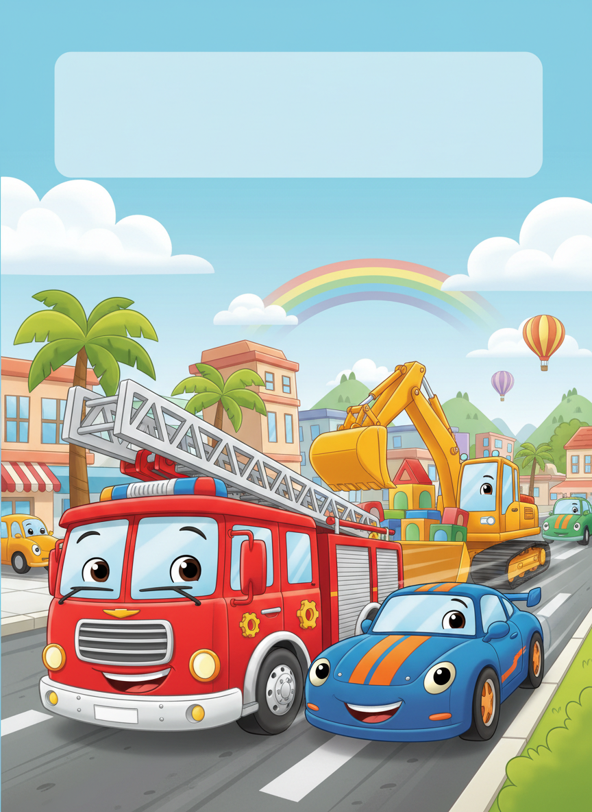 Vehicles and trucks coloring book cover, full-color illustration with a smiling fire truck, race car, and digger on a city street. Title-safe area at top.