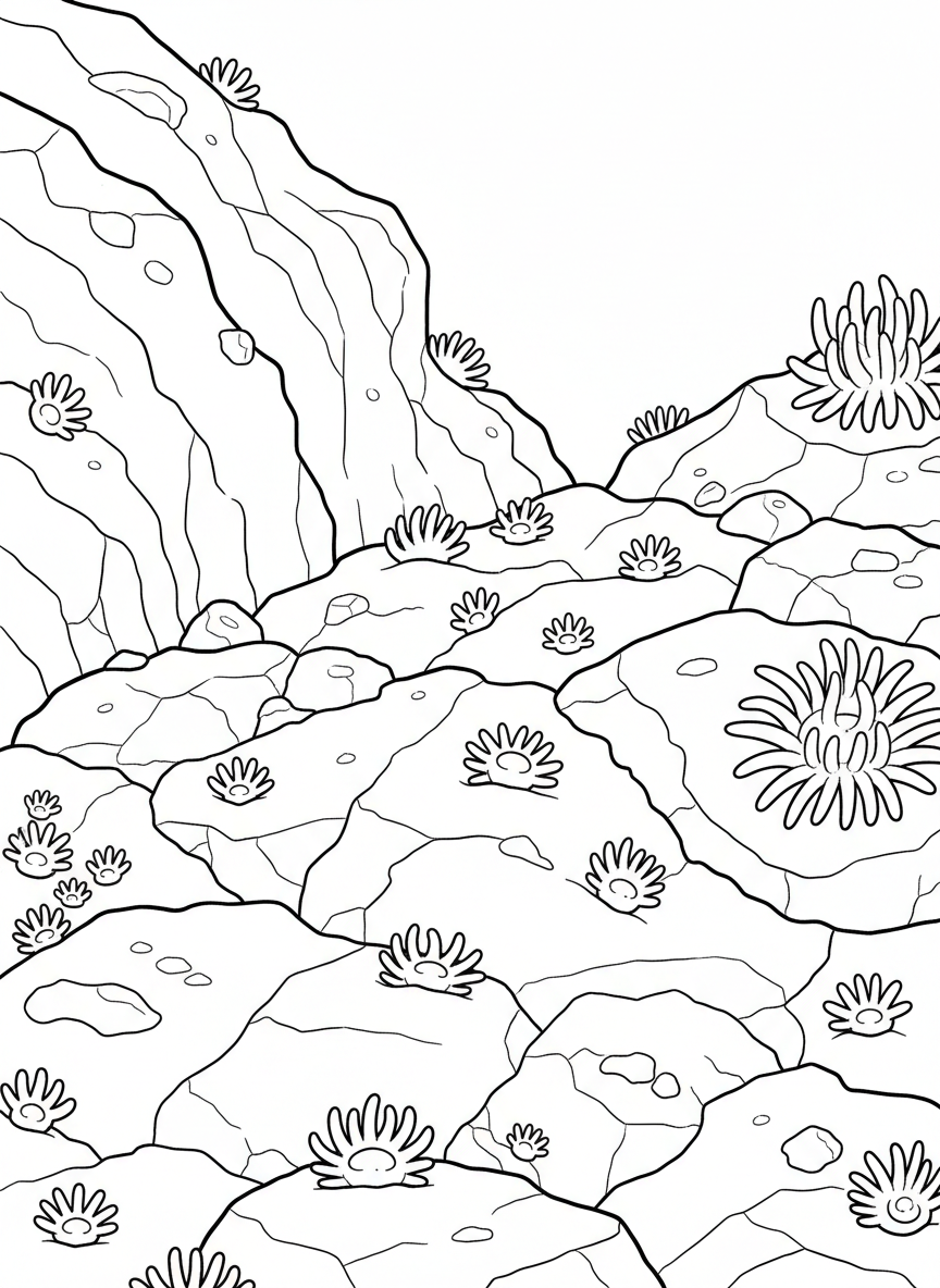 Baby sea anemones just starting to grow on a rock surface, simple small circles with short tentacles for easy coloring